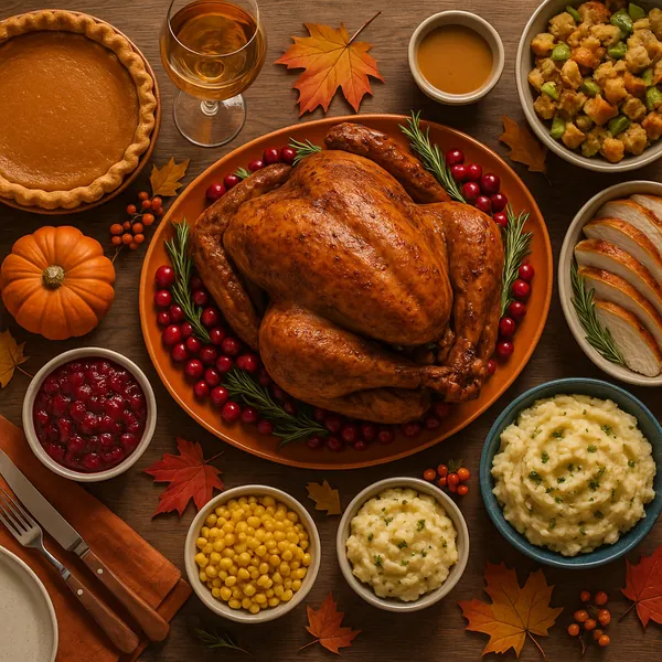 This image captures a beautifully arranged Thanksgiving dinner table featuring a golden-brown roasted turkey as the centerpiece.