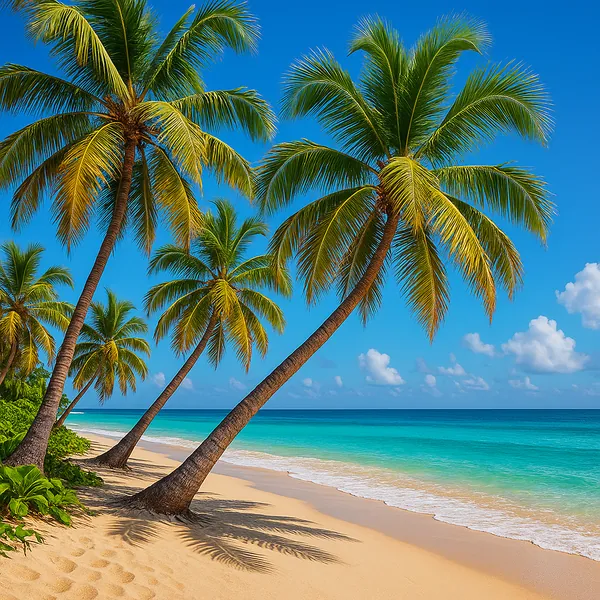 This image captures a serene summer beach scene, showcasing a row of tall, lush palm trees swaying gently in the breeze.