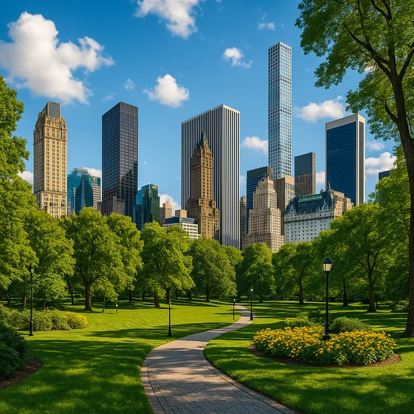This image captures a serene city park juxtaposed against a backdrop of towering skyscrapers.