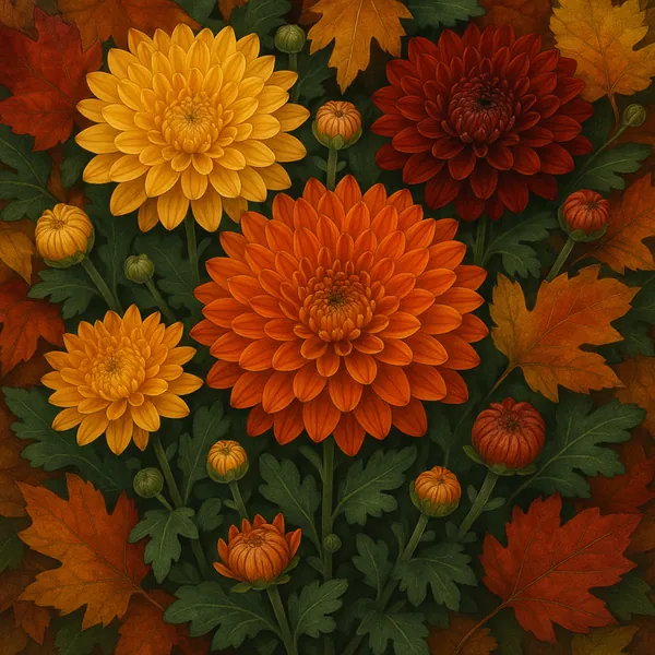 This image showcases a stunning arrangement of chrysanthemums in full bloom, set against a backdrop of autumn leaves.