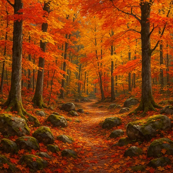 This image captures a serene autumn forest scene, characterized by a pathway winding through a dense array of trees.