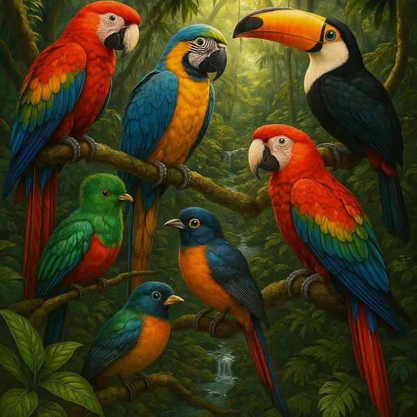 This vivid illustration depicts a group of colorful tropical birds perched on branches within a dense rainforest.