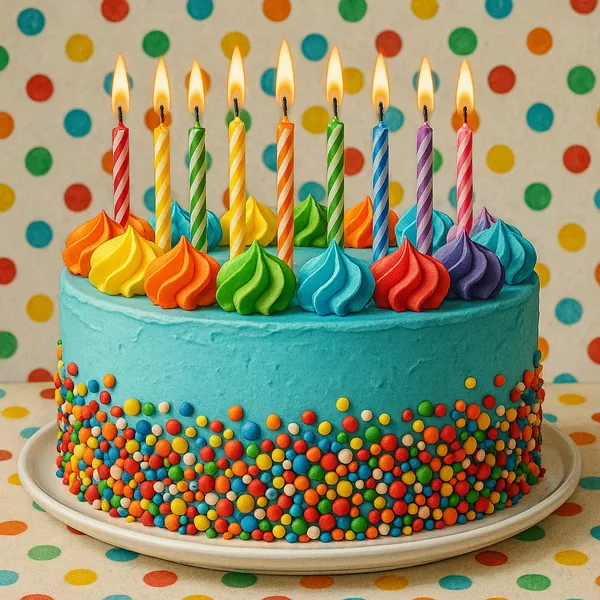 This image features a colorful birthday cake adorned with ten lit candles.