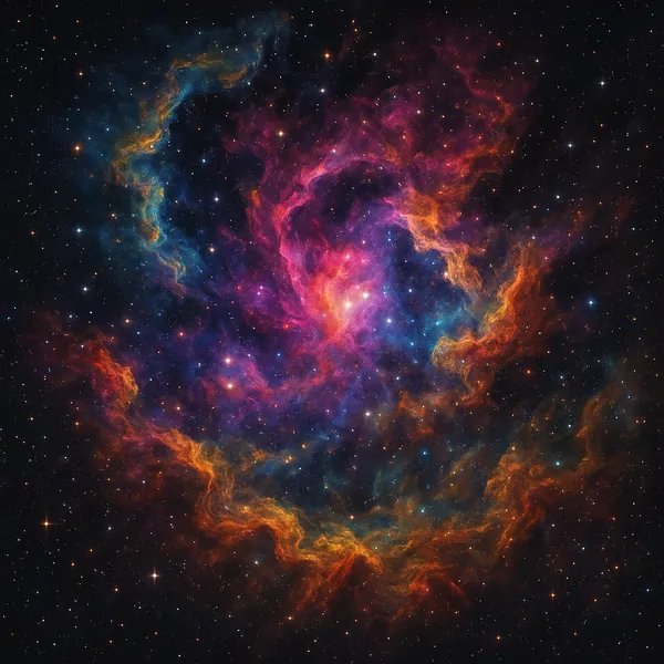 This image showcases a stunning nebula in deep space, featuring an array of vibrant colors swirling together in a cosmic dance.