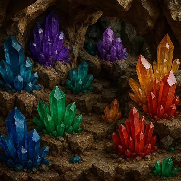 The image depicts a stunning underground cave adorned with clusters of vibrant crystals.