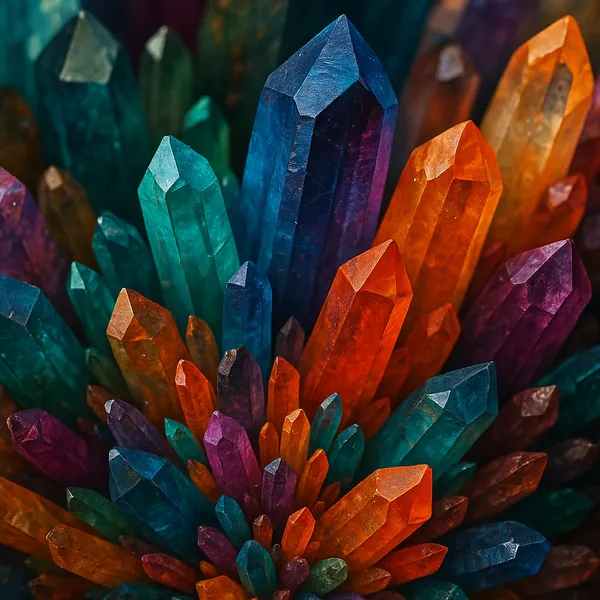 This captivating image showcases a close-up of a vibrant crystal formation, featuring an array of colors including deep blues, fiery oranges, rich purples, and