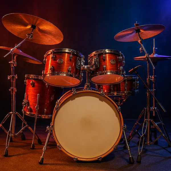 This image features a full drum set illuminated by dramatic stage lighting, creating a vibrant and dynamic atmosphere.