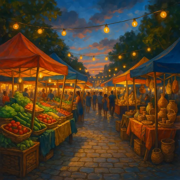 This image captures a lively summer street market at dusk, featuring vibrant stalls with colorful canopies.