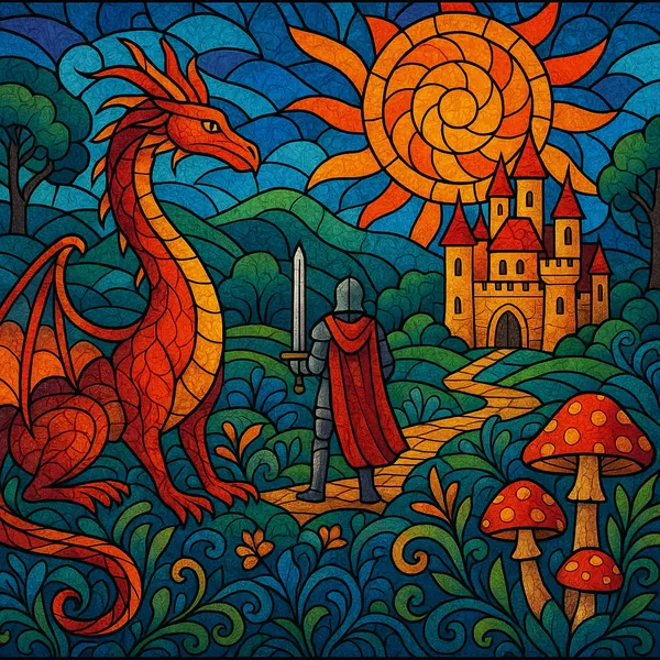 This digital art piece features a vivid fantasy scene reminiscent of a stained glass window.