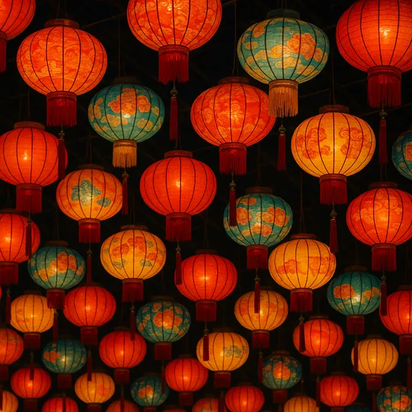 A captivating display of decorative lanterns illuminates the night sky, creating a warm and festive atmosphere.