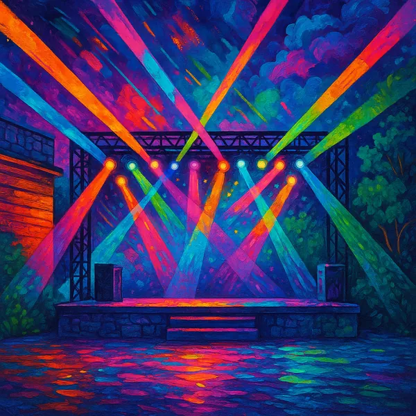 This image captures a vibrant concert stage set against a lively backdrop.