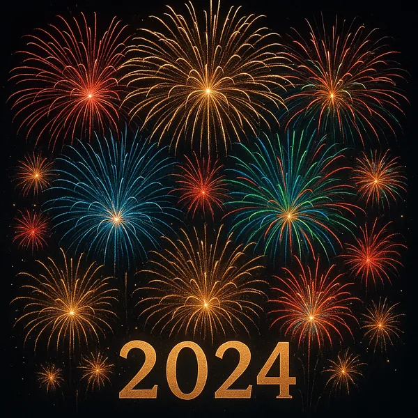 The image captures a stunning fireworks display set against a dark night sky, symbolizing the arrival of the year 2024.