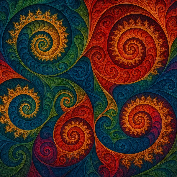 This image showcases a dynamic display of fractal art, featuring intricate spirals in a vivid array of colors.