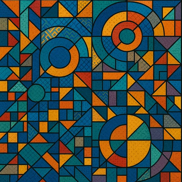 This image showcases a vibrant array of geometric patterns, featuring a mix of circles, triangles, and rectangles.