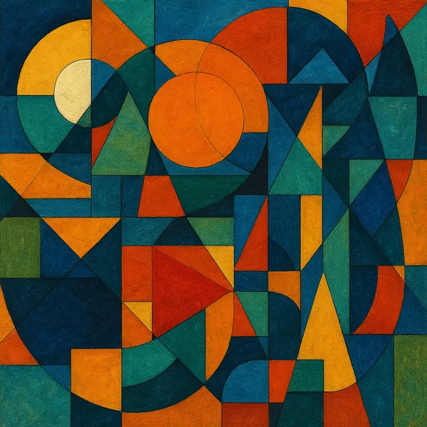 This modern abstract art piece features a dynamic composition of geometric shapes, including circles, triangles, and rectangles.