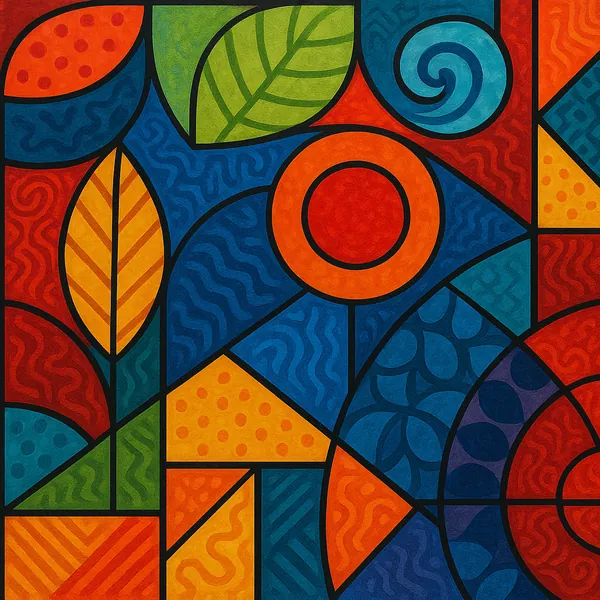 This modern artwork features a vibrant composition of geometric shapes and bold colors.