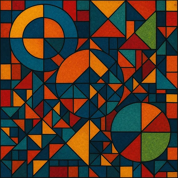 This captivating image showcases a dynamic arrangement of geometric shapes, featuring circles, triangles, and squares in a harmonious blend.
