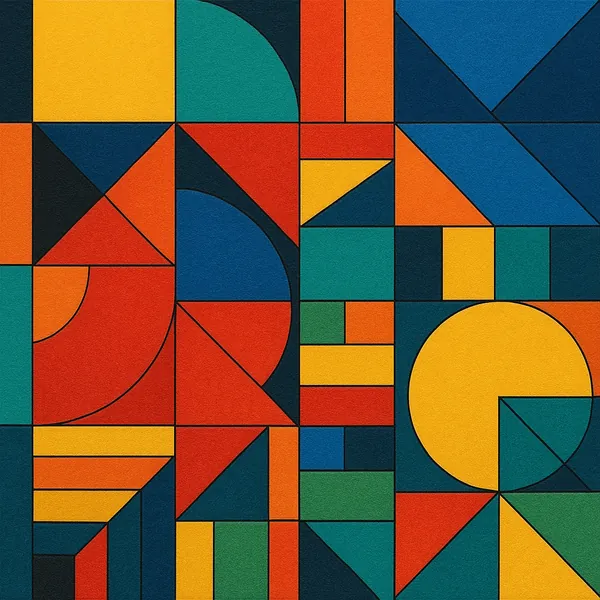 This image showcases a striking minimalist geometric composition, featuring a diverse array of shapes and colors.