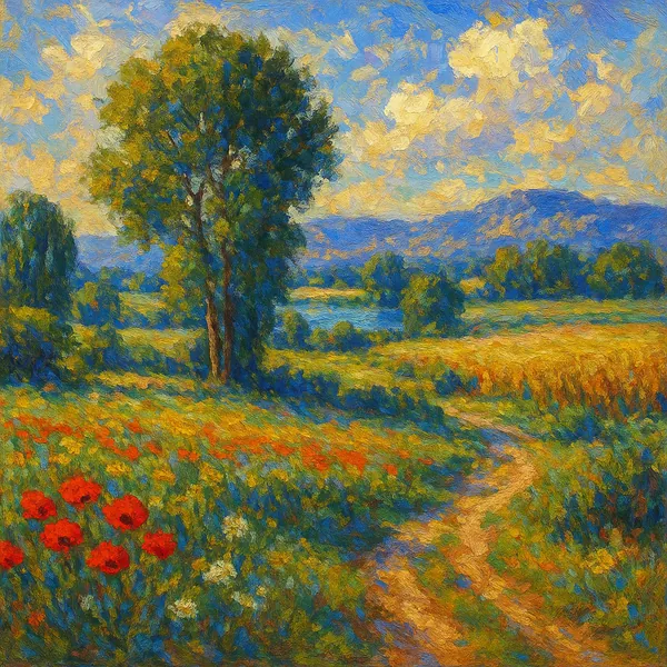 This image showcases a picturesque landscape painted in the impressionist style, characterized by bold, lively brushstrokes and vibrant colors.