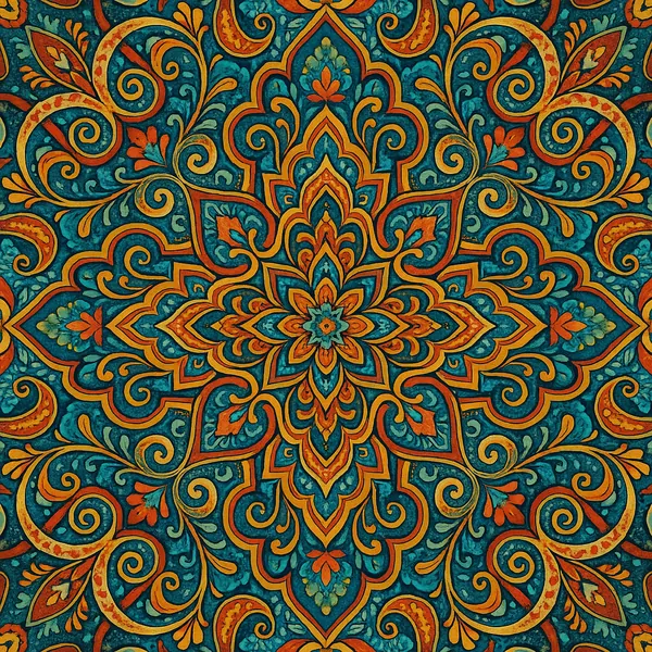 This intricate kaleidoscope pattern features a stunning array of swirling shapes and vivid colors.
