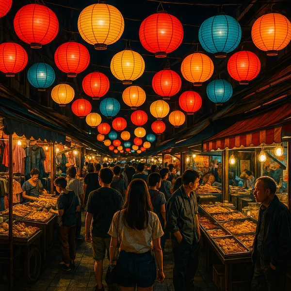 This image captures the lively atmosphere of a bustling night market, illuminated by a canopy of colorful lanterns in red, blue, and yellow.