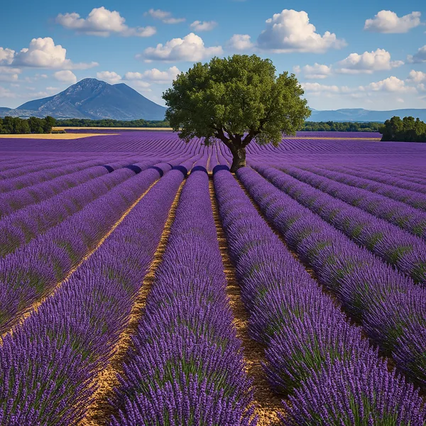 This captivating image showcases endless rows of vibrant purple lavender stretching across a picturesque landscape in Provence.