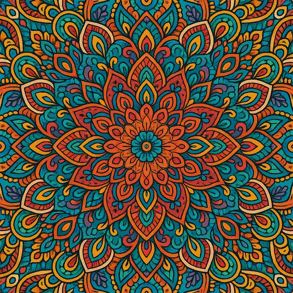 This image showcases a vibrant mandala pattern featuring an intricate array of shapes and colors.