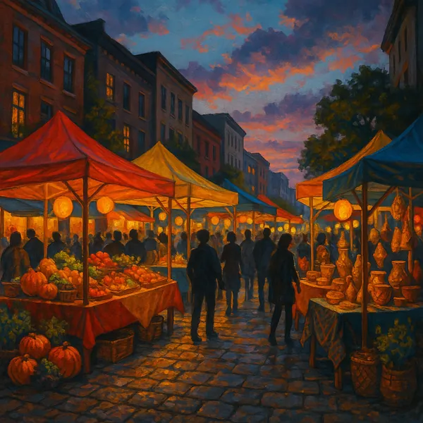 This image captures a lively city street market at dusk, featuring colorful stall canopies in shades of red, yellow, and blue.