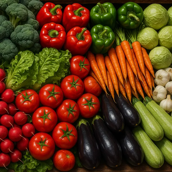 An array of fresh vegetables is beautifully arranged, showcasing a vibrant palette of colors.
