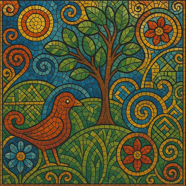 This colorful mosaic artwork features a serene nature scene composed of numerous small tiles.