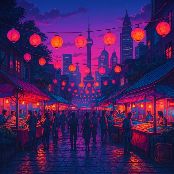 This image captures a bustling city street market at dusk, enveloped in a retro synthwave ambiance.