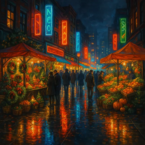 This image captures a bustling city street market at night, filled with vibrant colors and energy.