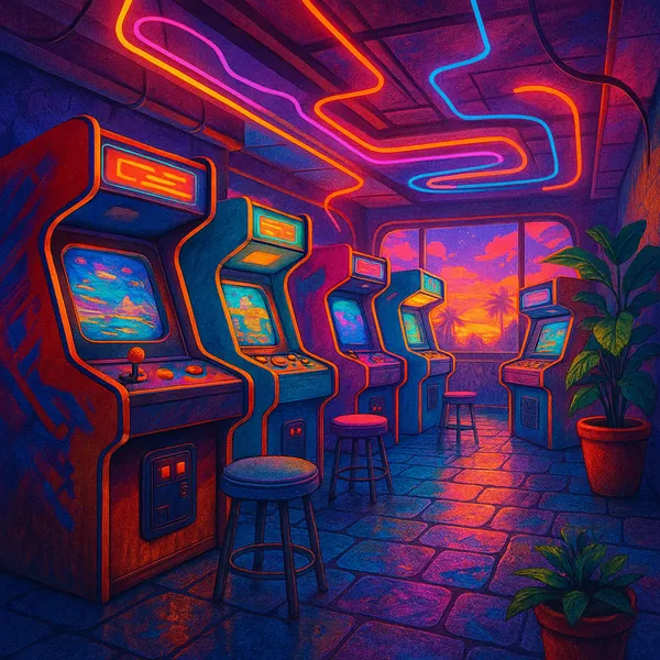 A vibrant, retro-futuristic arcade scene, perfect for a puzzle.