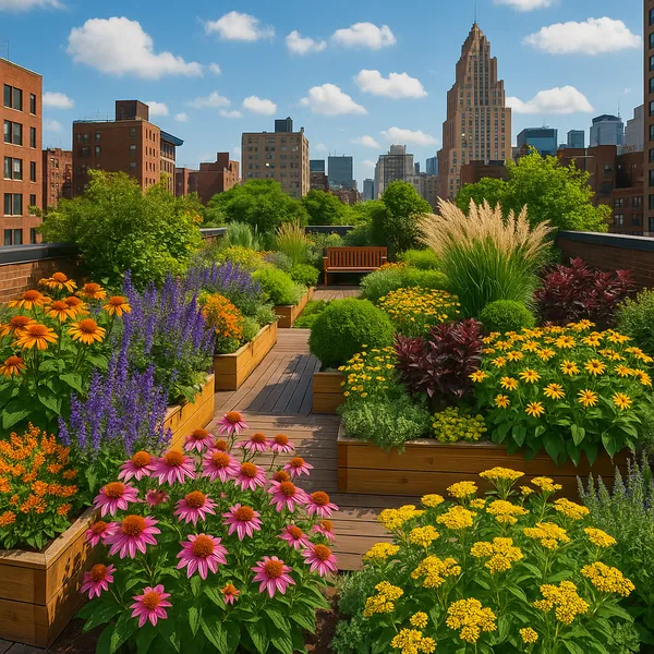 This image showcases a lush rooftop garden set against an urban skyline.