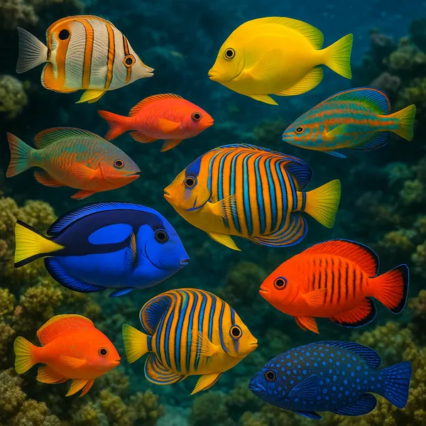 This image showcases a stunning array of colorful tropical fish swimming gracefully in an underwater setting.