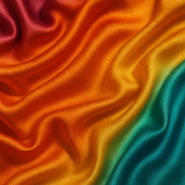 This image showcases a piece of silk fabric with a captivating shimmer, flowing gracefully in a spectrum of vibrant colors.