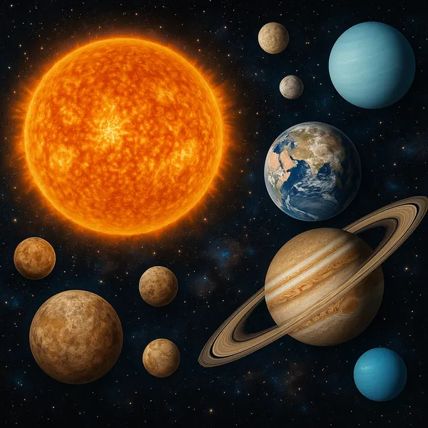 This vivid illustration portrays a stylized view of the solar system.