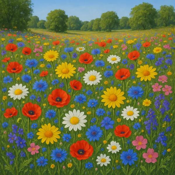 This image captures a serene meadow in full bloom, bursting with a vibrant array of spring flowers.