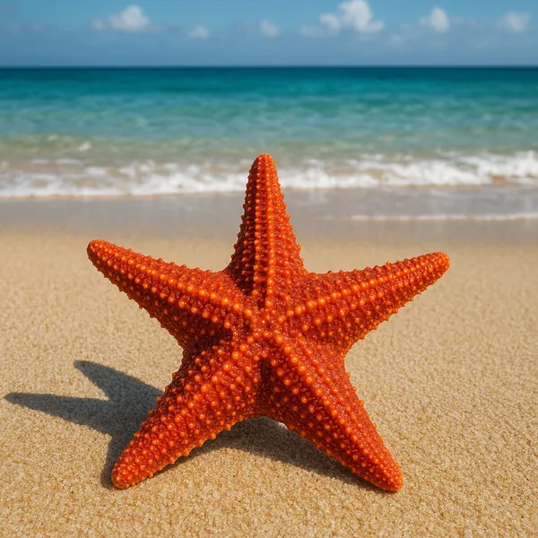 This image captures a striking orange starfish resting on a sunlit sandy beach.