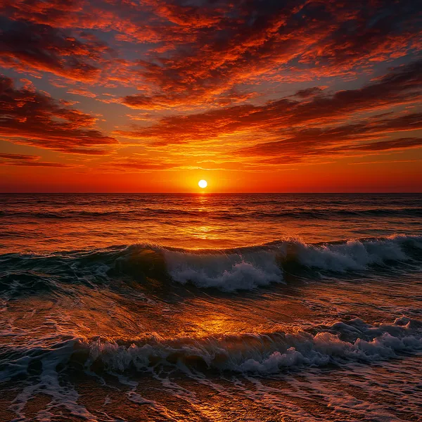 The image showcases a breathtaking sunset over the ocean, where the sun is setting on the horizon, casting a warm, golden glow across the sky and water.