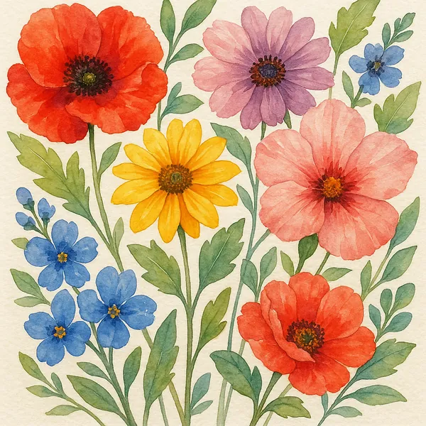 This image showcases a stunning watercolor painting of various flowers on paper.