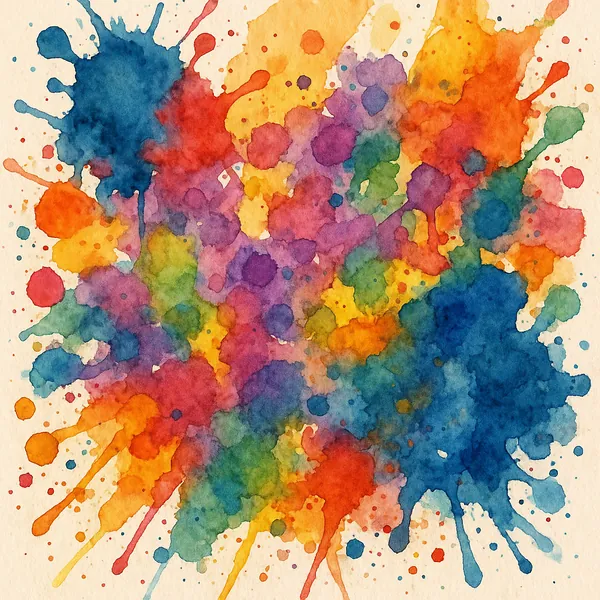This image showcases a dynamic and colorful watercolor splash, featuring an array of vibrant hues including blues, reds, yellows, and greens.