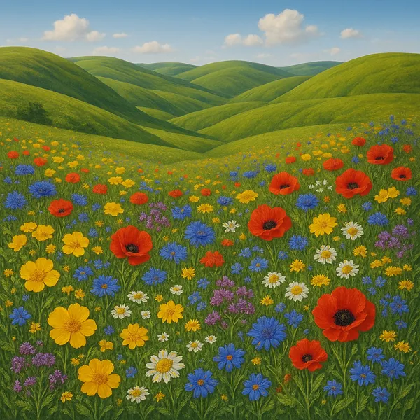 This image showcases a breathtaking landscape of rolling green hills adorned with a vibrant array of wildflowers.