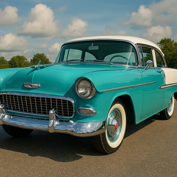 This image showcases a classic car from the 1950s, featuring a striking turquoise and white color scheme.