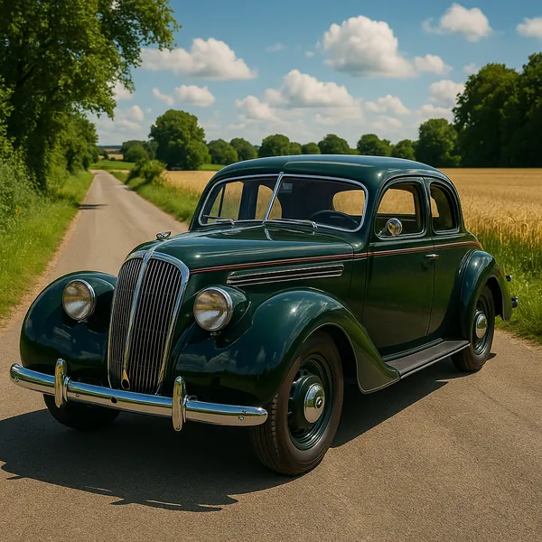 The image showcases a classic vintage car, elegantly parked on a picturesque country road.