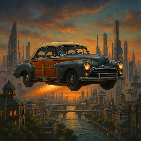 This image depicts a vintage flying car gliding over a bustling futuristic metropolis at dusk, rendered in a photorealistic or illustrative style.