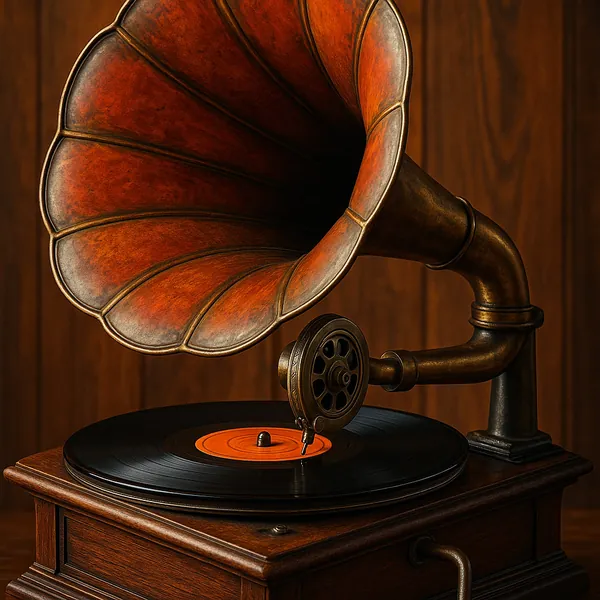 The image showcases a beautifully crafted vintage gramophone, featuring a large, flared horn with a warm, reddish-brown patina.