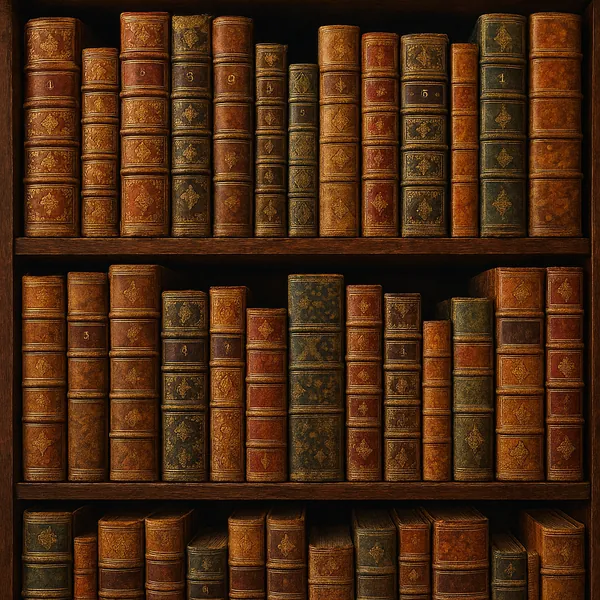 This image showcases an elegant library bookshelf filled with old, leather-bound books.