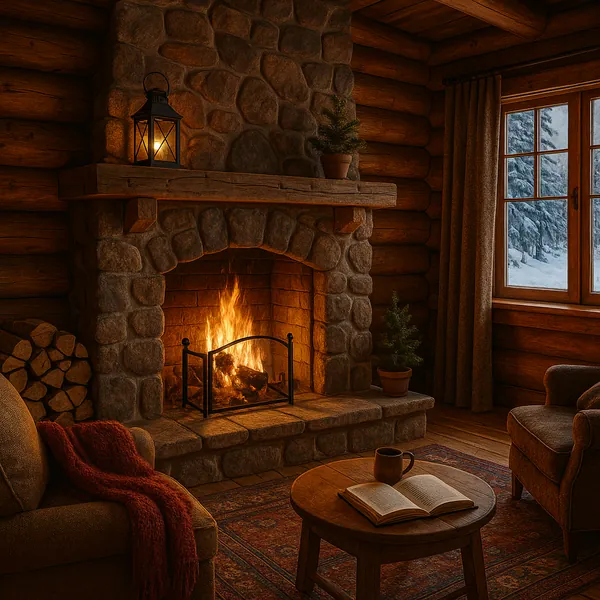 This cozy scene captures the inviting warmth of a stone fireplace in a rustic winter cabin.