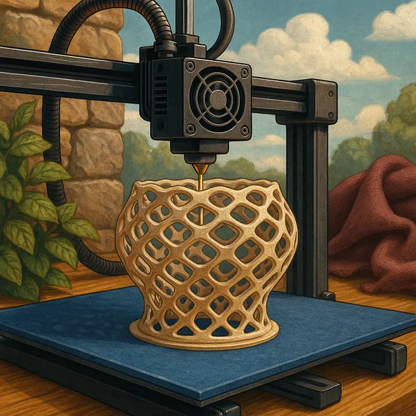 The image showcases a 3D printer in action, crafting a complex lattice object with precision.